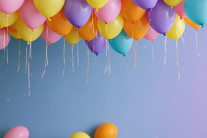 Colorful latex balloons floating from ceiling with confetti and copyspace below
