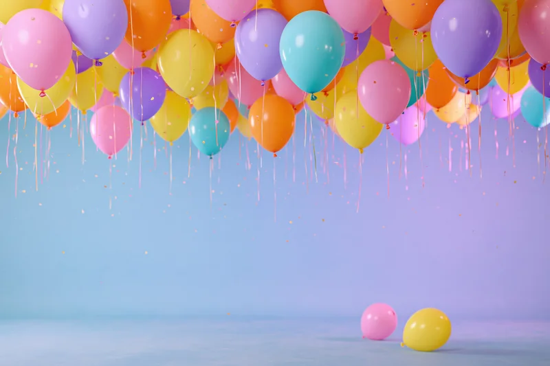 Colorful latex balloons floating from ceiling with confetti and copyspace below