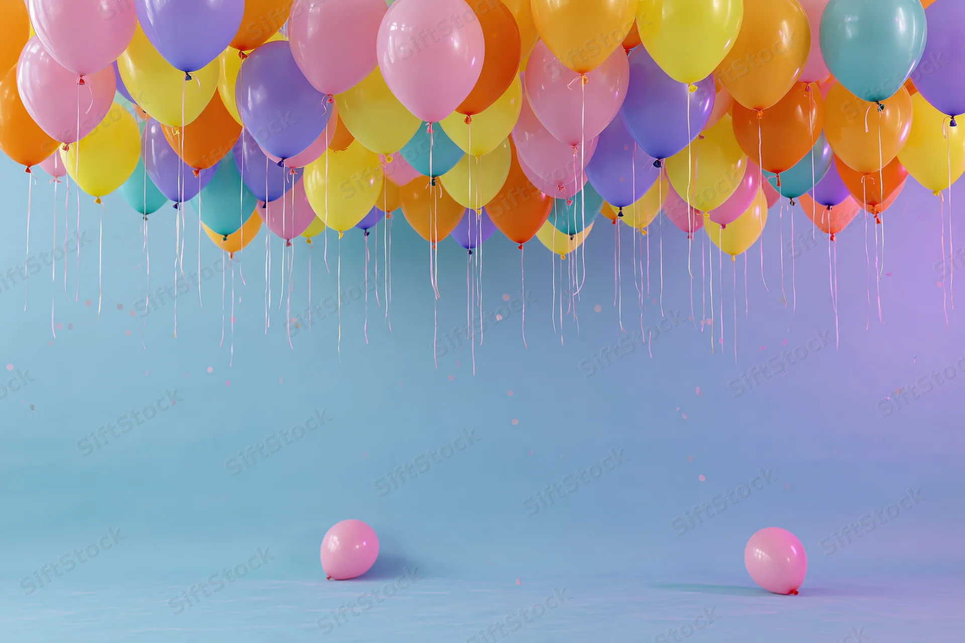 Colorful latex balloons clustered on ceiling with two pink balloons on floor against gradient background