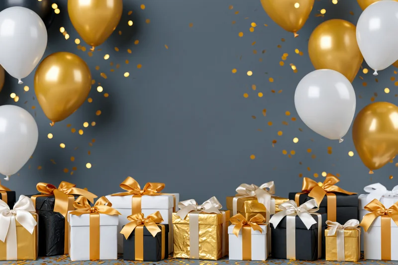 Gift boxes with gold white and black wrapping and balloons arranged against a gray wall with falling confetti and copyspace