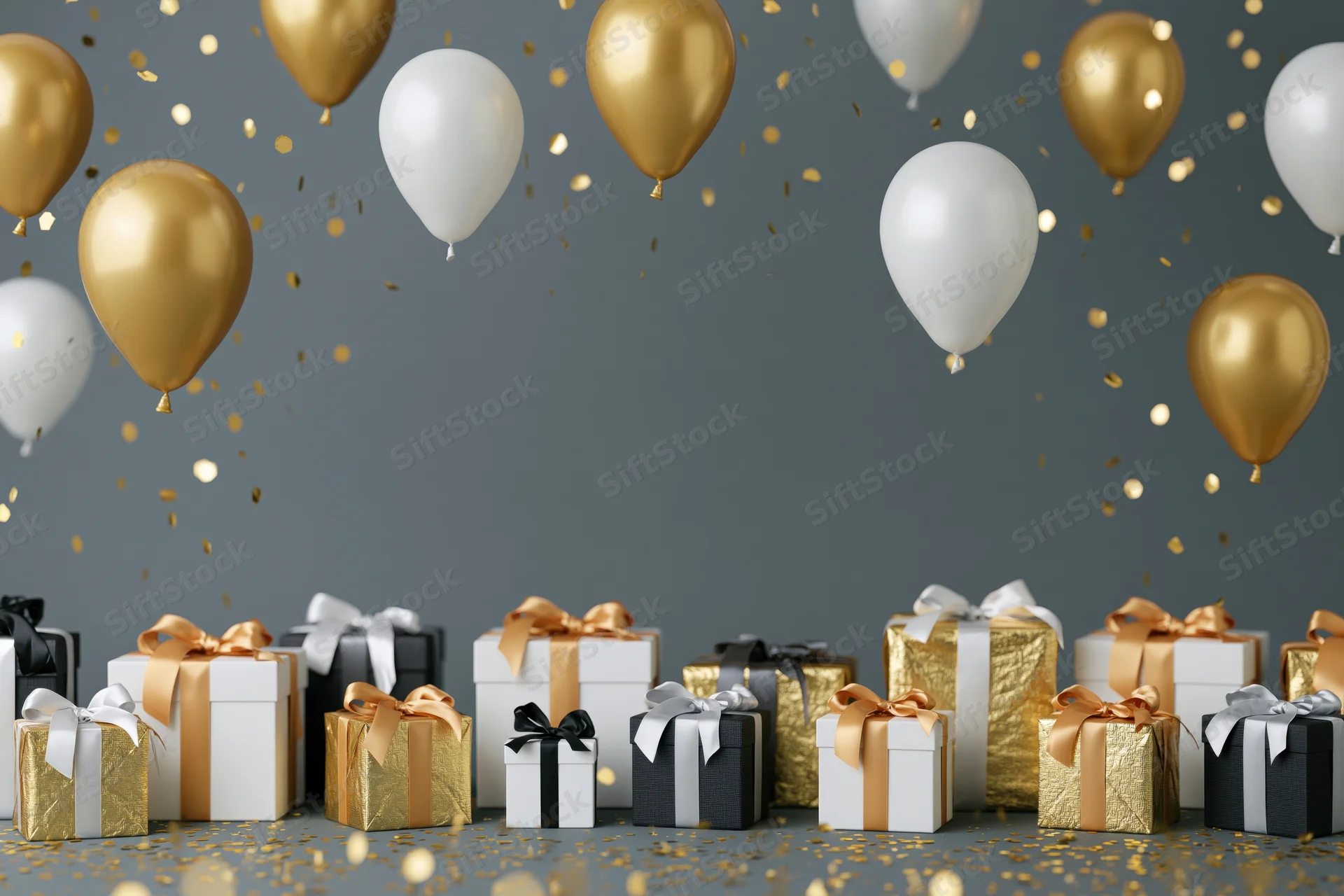 Gold and white balloons floating above gift boxes with confetti on a gray background