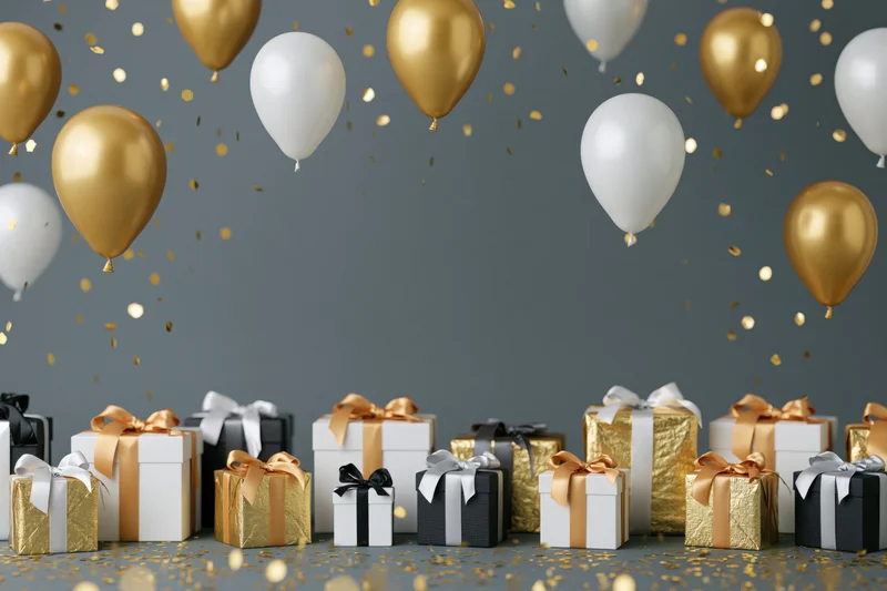 Gold and white balloons floating above gift boxes with confetti on a gray background