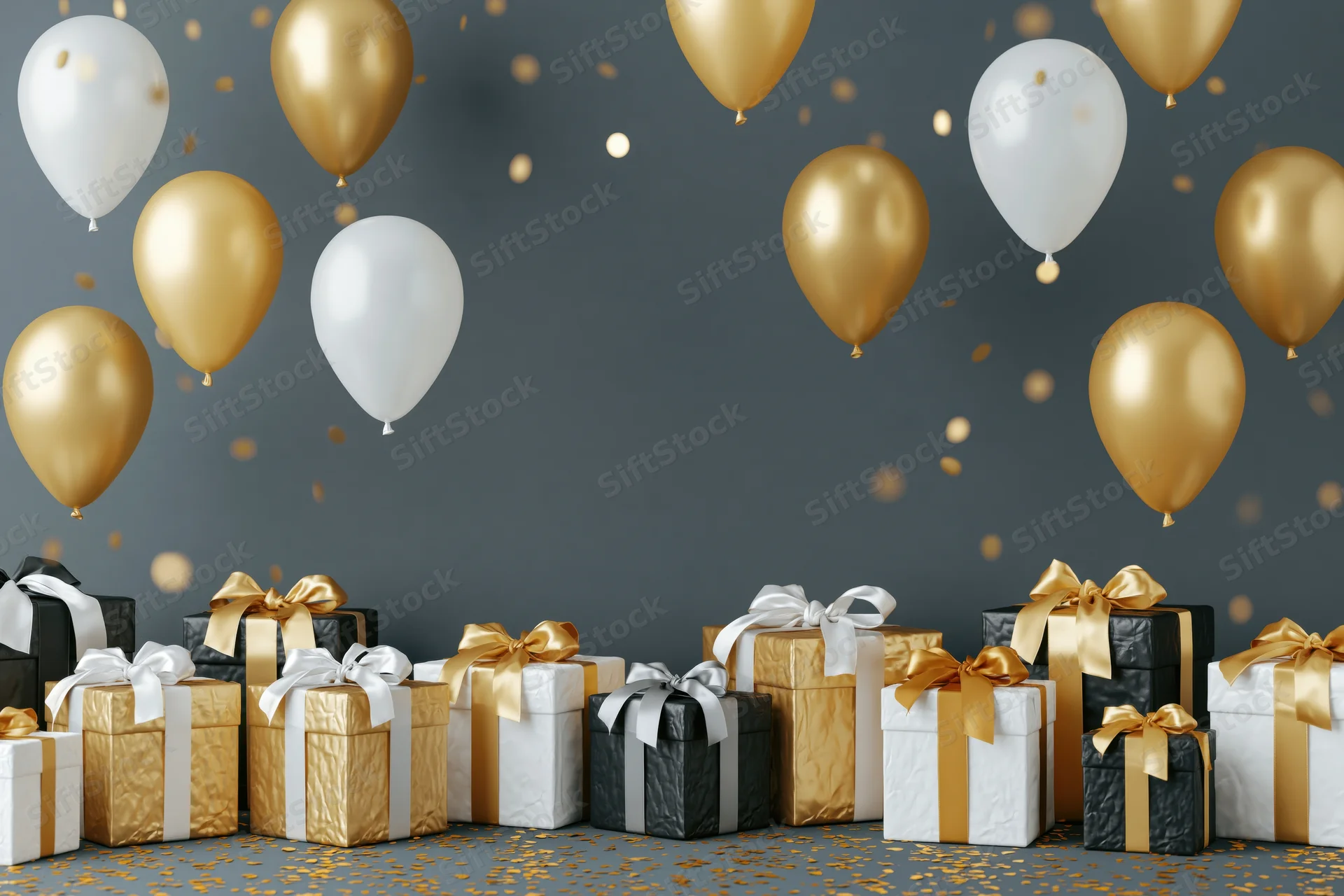 Gold and white balloons floating above a row of wrapped gift boxes on a dark gray background with scattered confetti