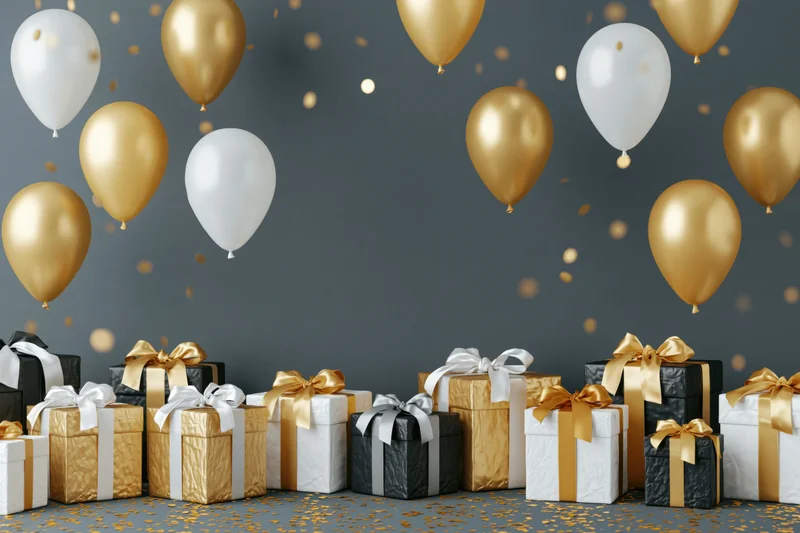 Gold and white balloons floating above a row of wrapped gift boxes on a dark gray background with scattered confetti