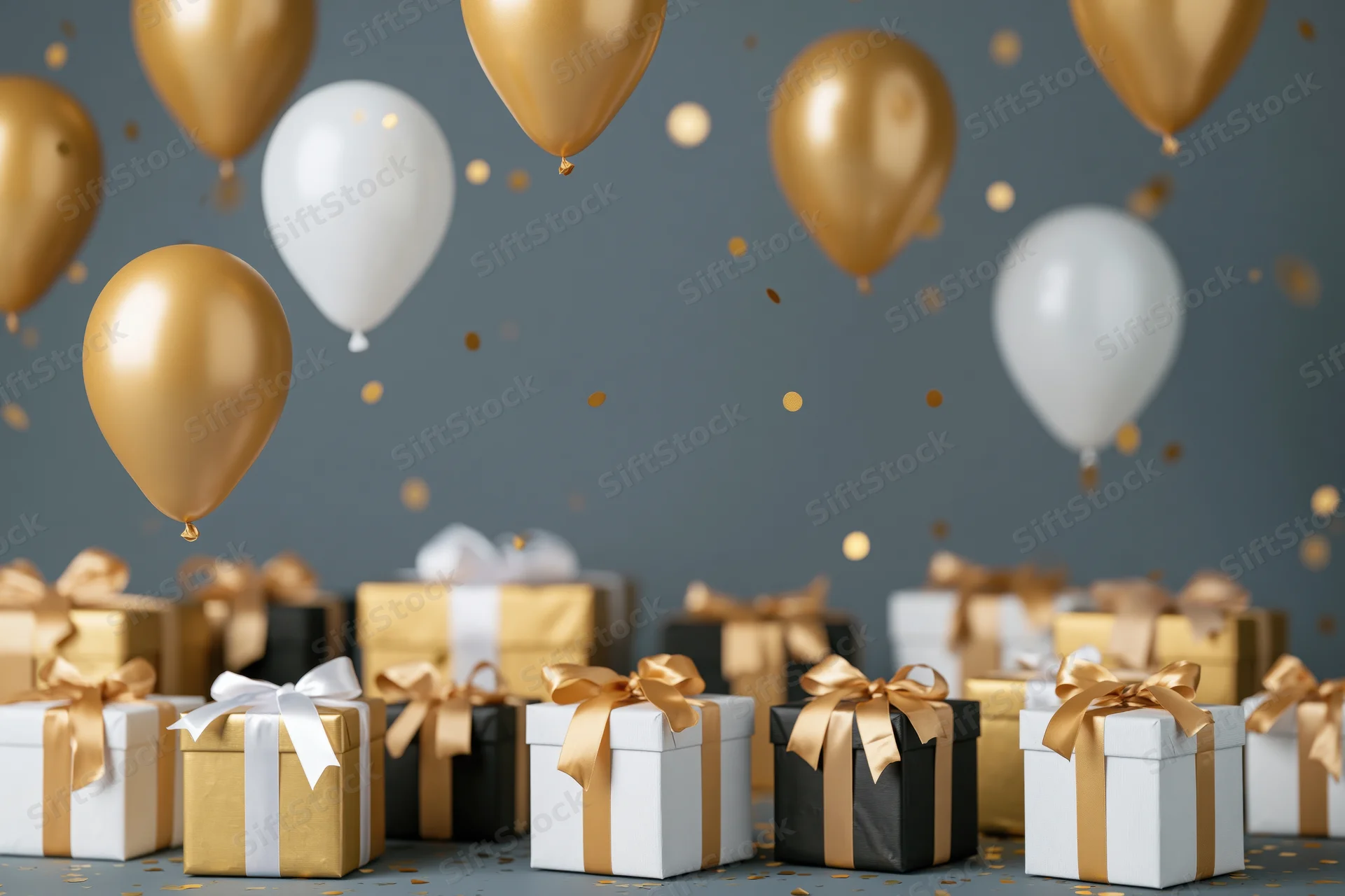Gift boxes with ribbons and balloons floating above on a gray background
