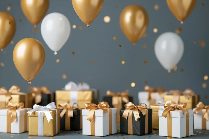 Gift boxes with ribbons and balloons floating above on a gray background