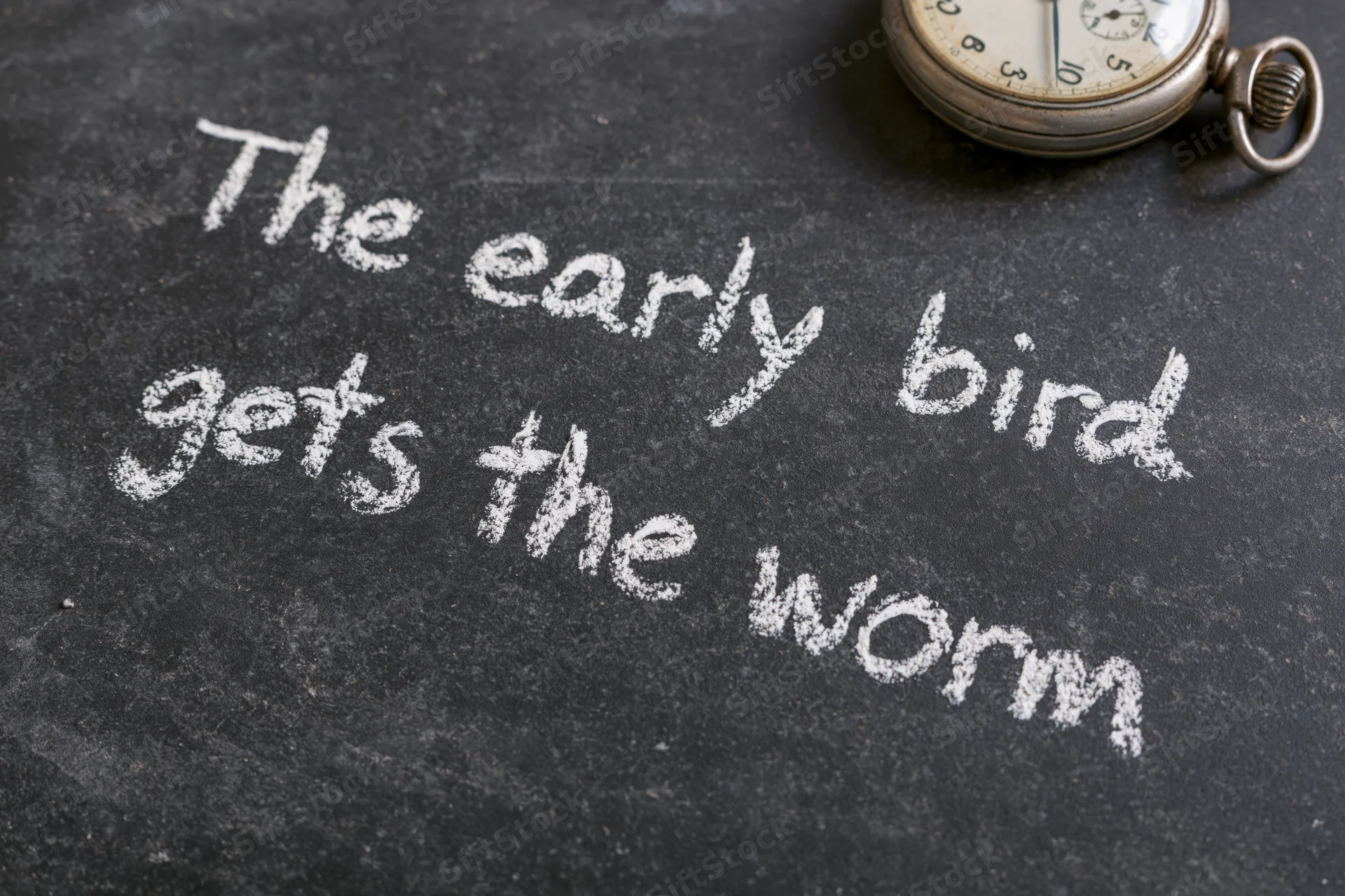 Chalk handwriting of the proverb the early bird gets the worm on a dark slate surface with a vintage pocketwatch nearby