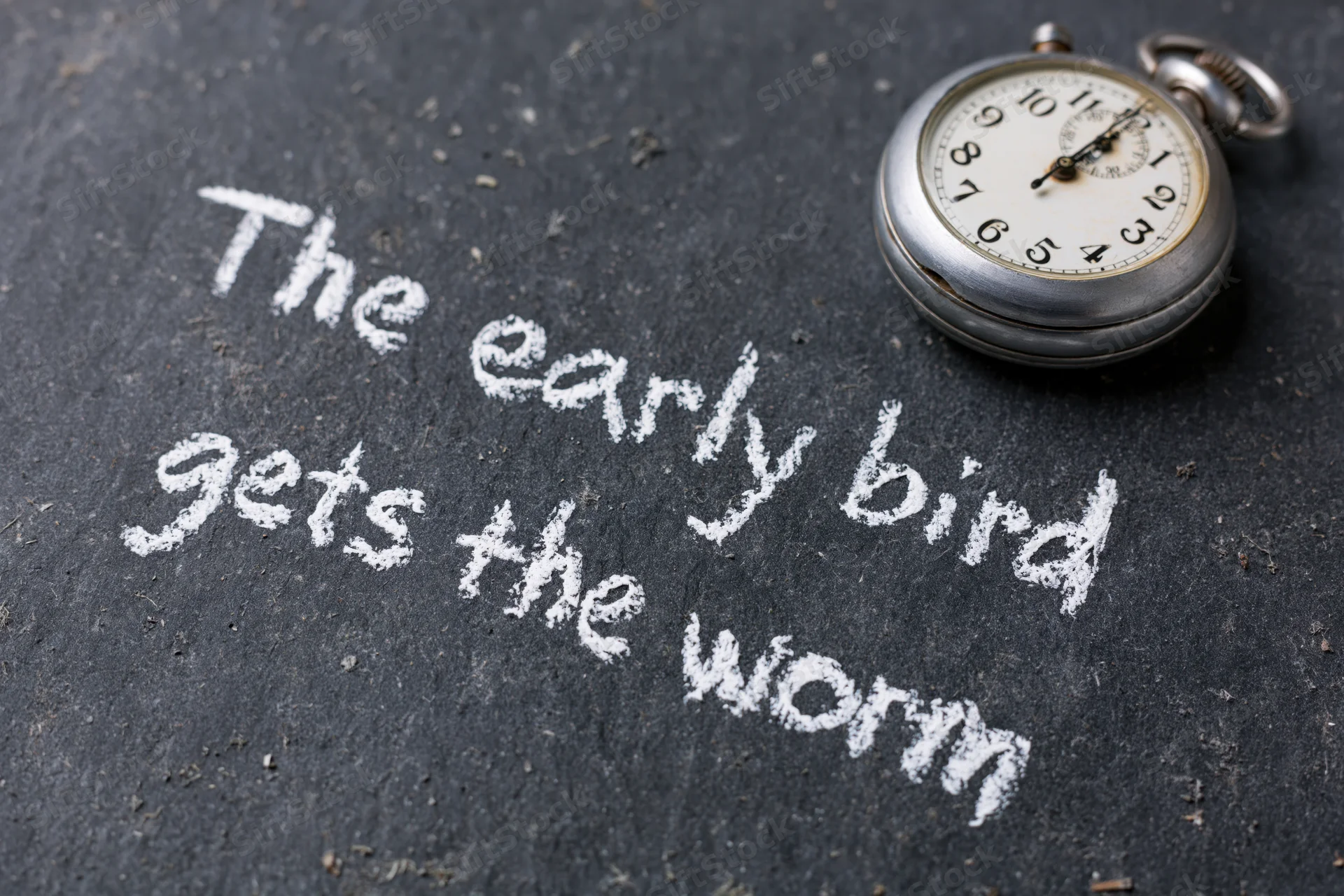 Chalk writing of the phrase the early bird gets the worm next to a vintage pocket watch on dark surface