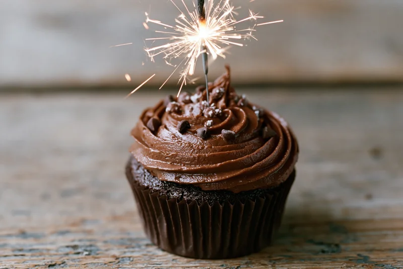 Chocolate cupcake with swirled frosting and sparkler on wooden surface