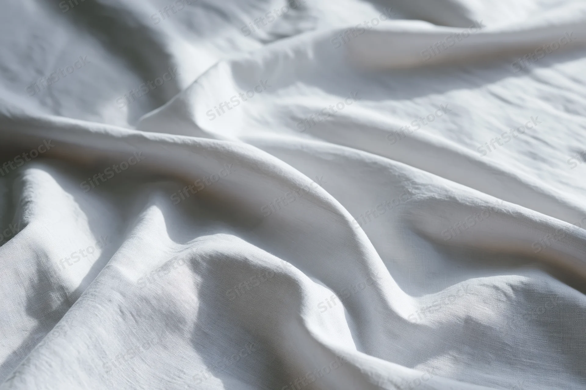 Crumpled white cotton bed sheet in close-up flat lay filling the frame