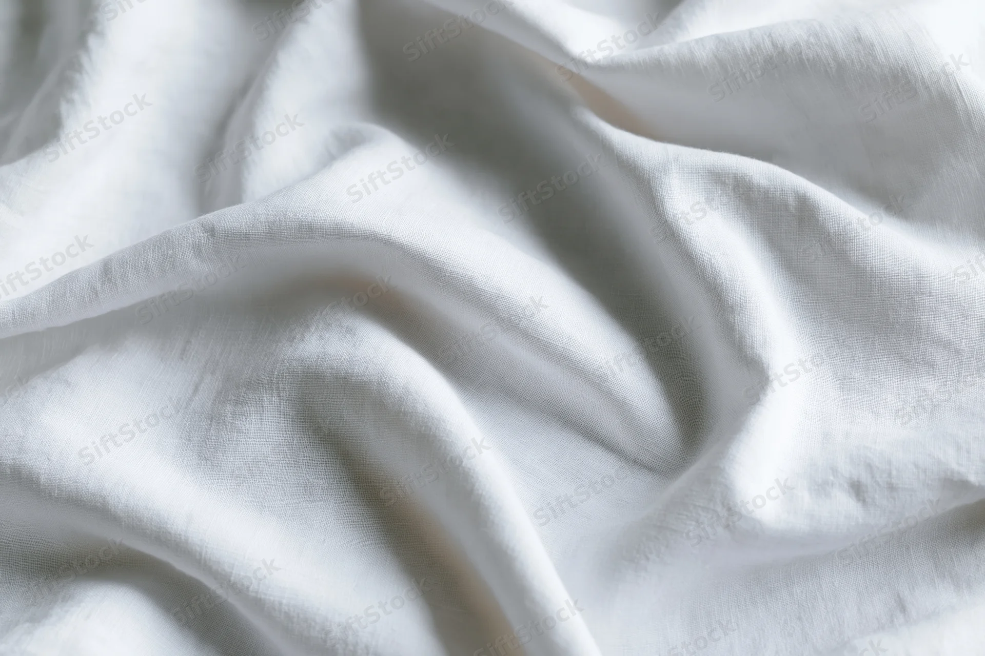 Crumpled white cotton bed sheet in close-up flat lay filling frame
