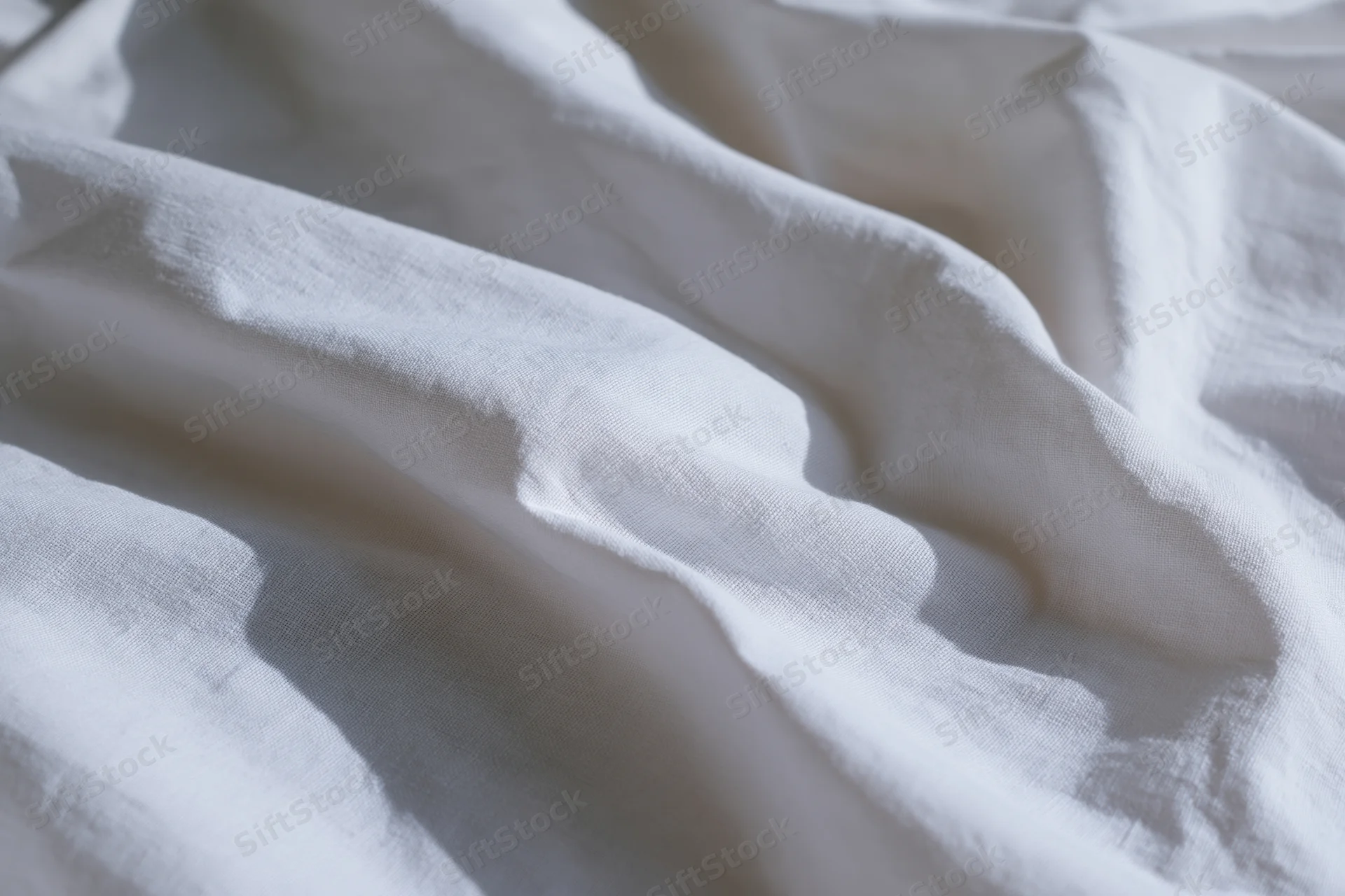 Crumpled white cotton fabric filling the frame with soft folds and natural light