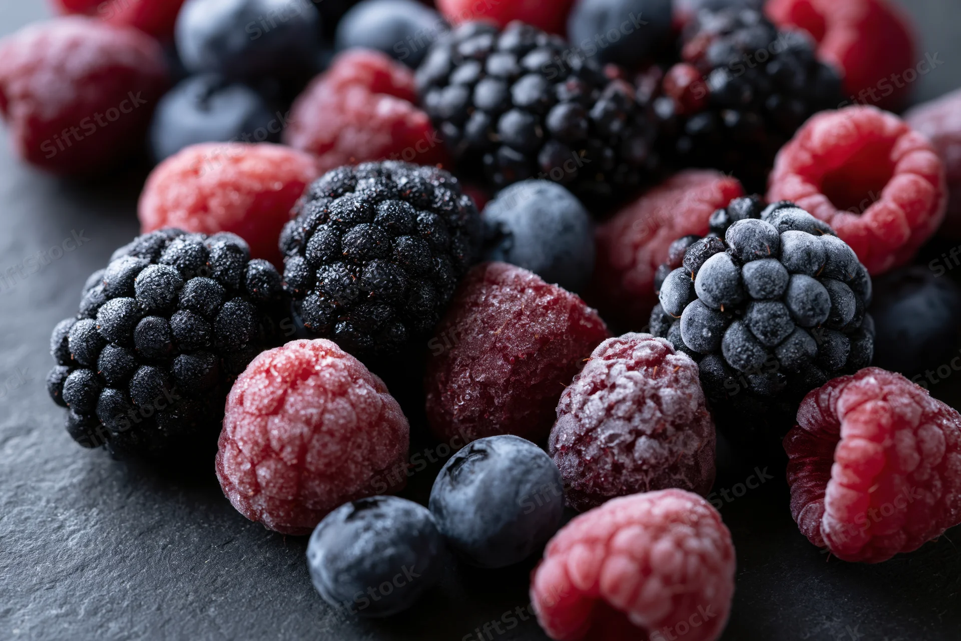 Frozen mixed berries including blackberries raspberries and blueberries arranged in a closeup flat lay on a dark stone surface
