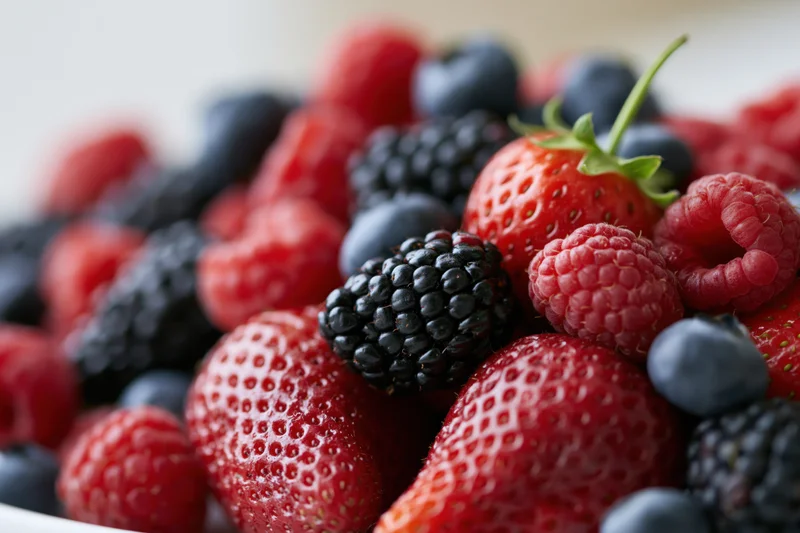 Close-up of mixed fresh berries including strawberries raspberries blackberries and blueberries in a white bowl