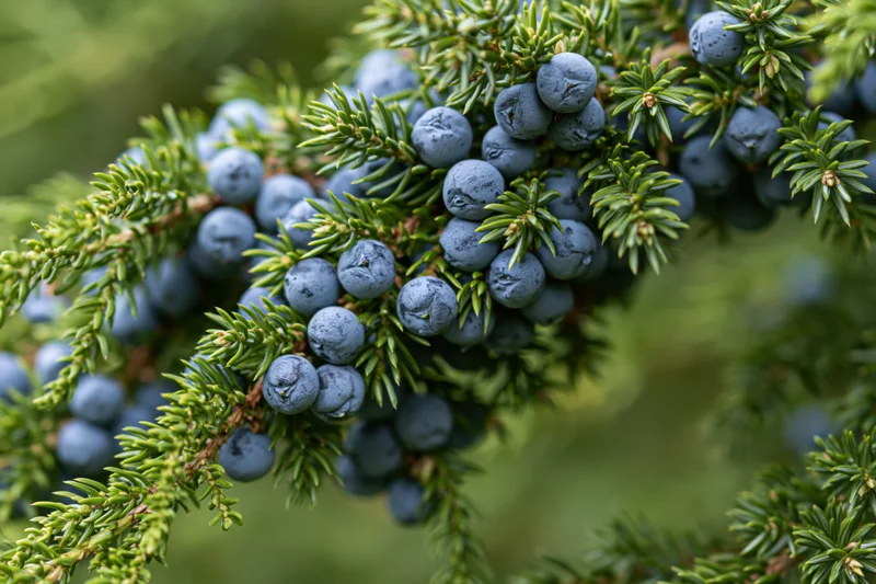 Close-up of ripe blue juniper berries on a green branch in a natural outdoor setting