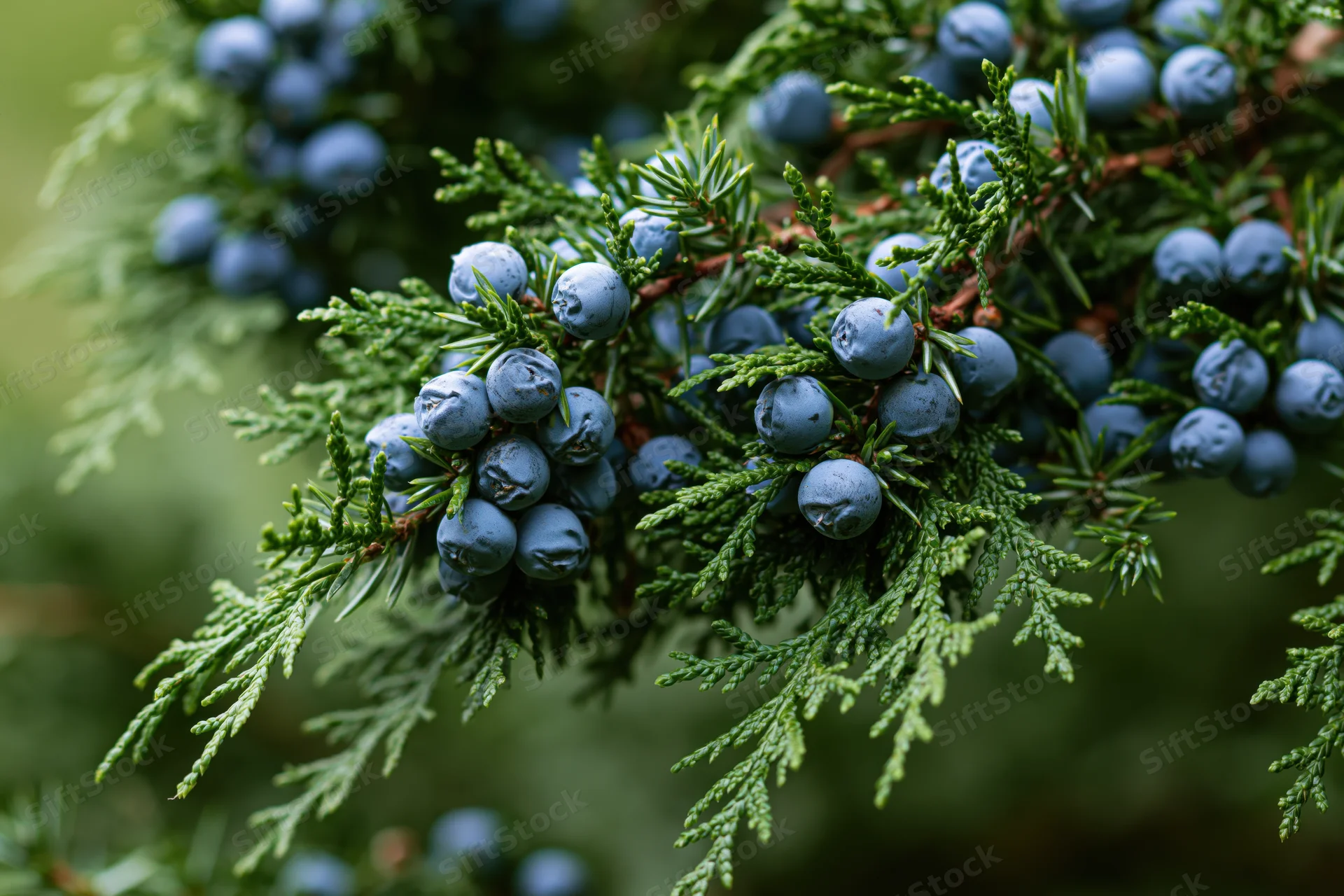 Close-up of a juniper branch with ripe dusty-blue berries among green needle-like foliage