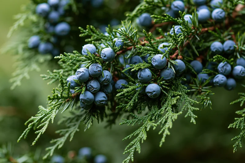 Close-up of a juniper branch with ripe dusty-blue berries among green needle-like foliage
