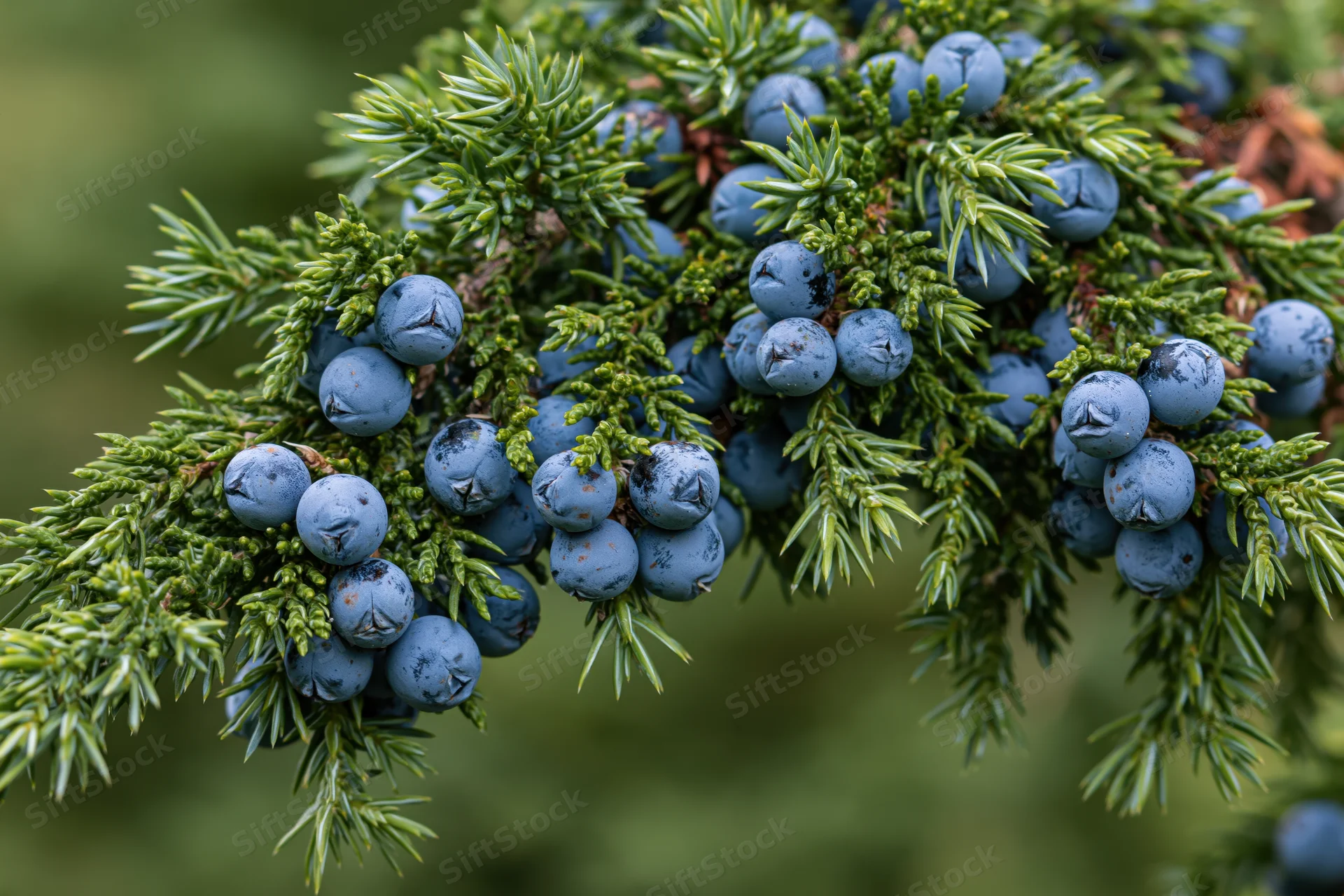 Close-up of a juniper branch with ripe dusty-blue berries among green needles