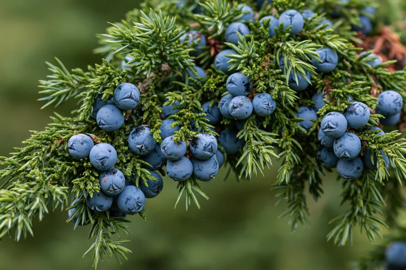 Close-up of a juniper branch with ripe dusty-blue berries among green needles