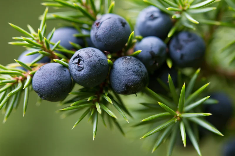 Closeup of ripe juniper berries clustered on a branch with green needles