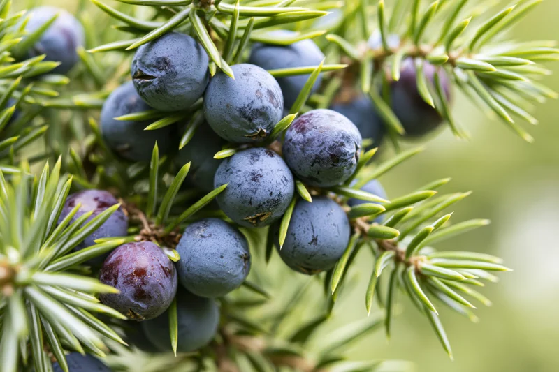 Closeup of ripe juniper berries clustered on a green needle branch outdoors