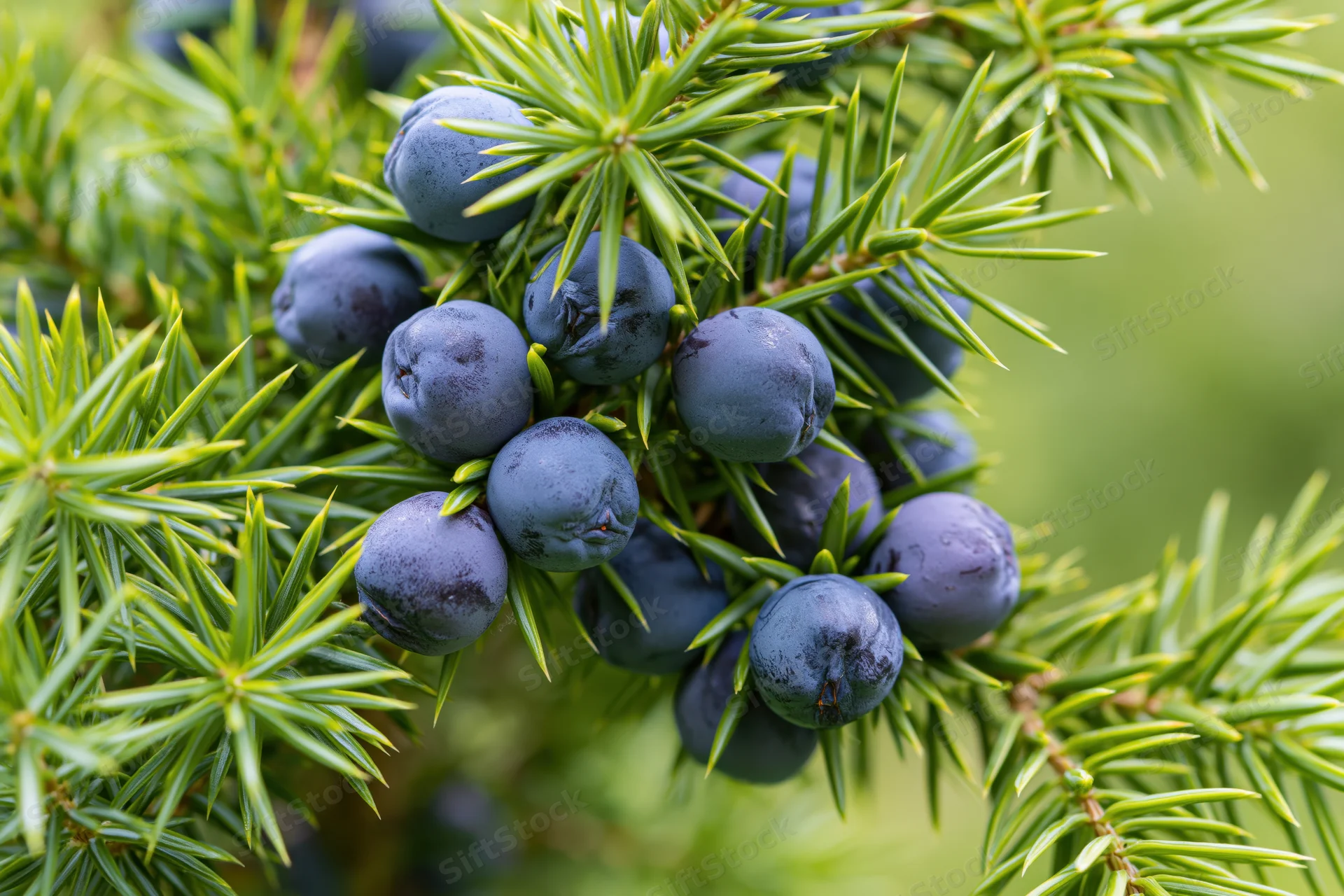 Ripe juniper berries clustered on a green needle branch in a natural outdoor setting