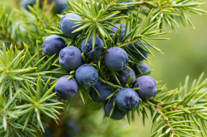 Ripe juniper berries clustered on a green needle branch in a natural outdoor setting
