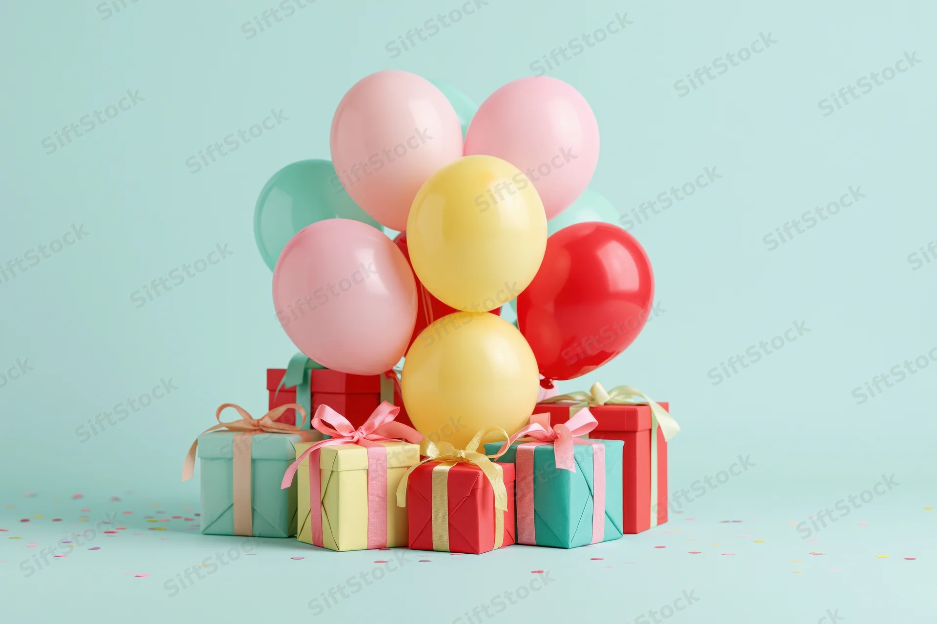 Colorful balloons and wrapped gift boxes arranged on a pastel background with scattered confetti