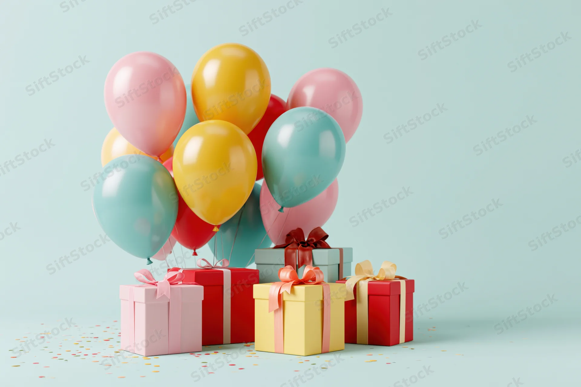 Colorful balloons and wrapped gift boxes arranged on a pastel background with scattered confetti