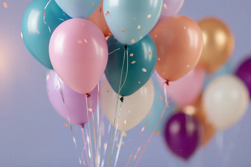 Cluster of colorful latex balloons floating with confetti against a soft purple background