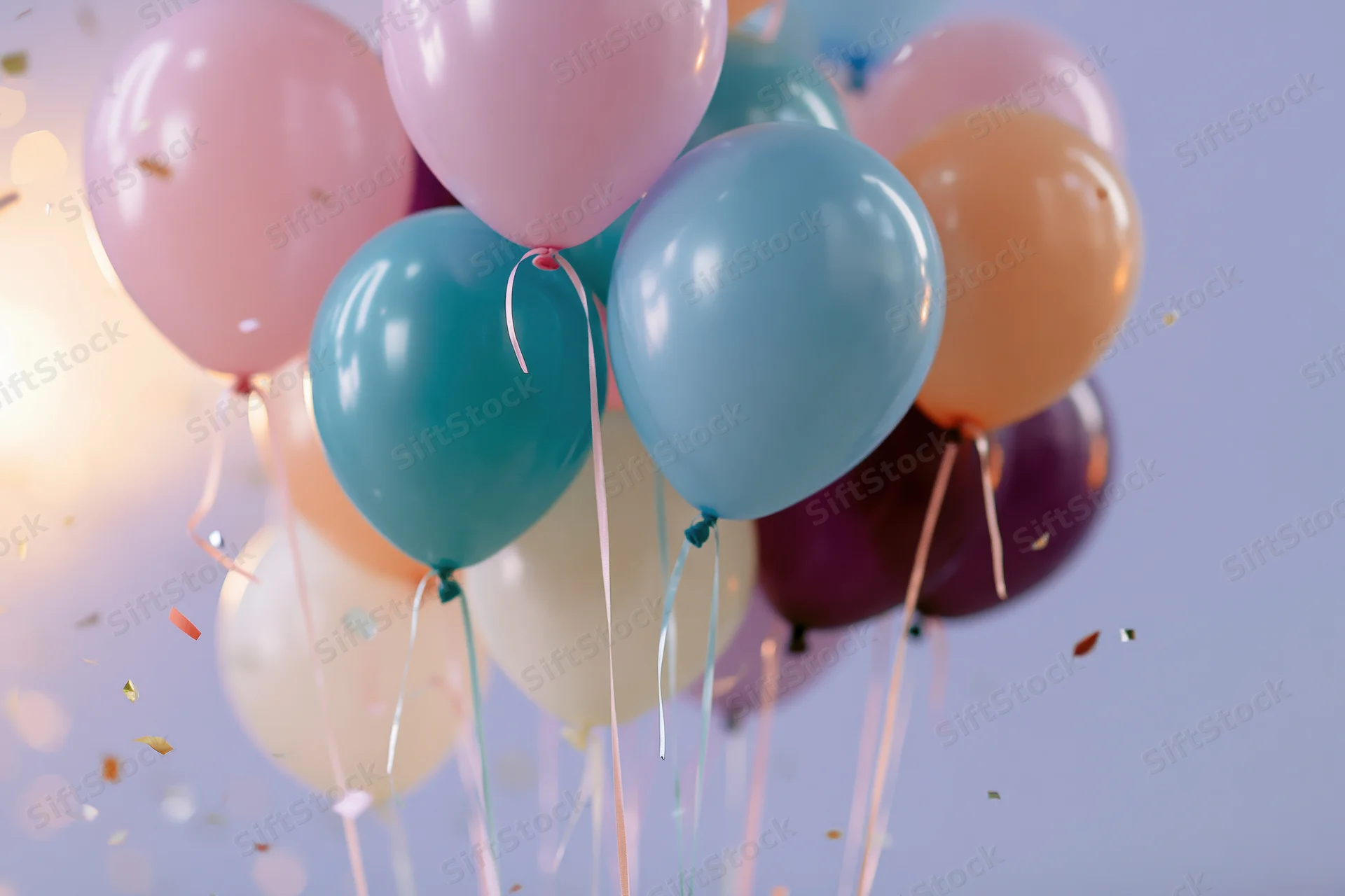Cluster of colorful latex balloons floating with confetti against a soft background