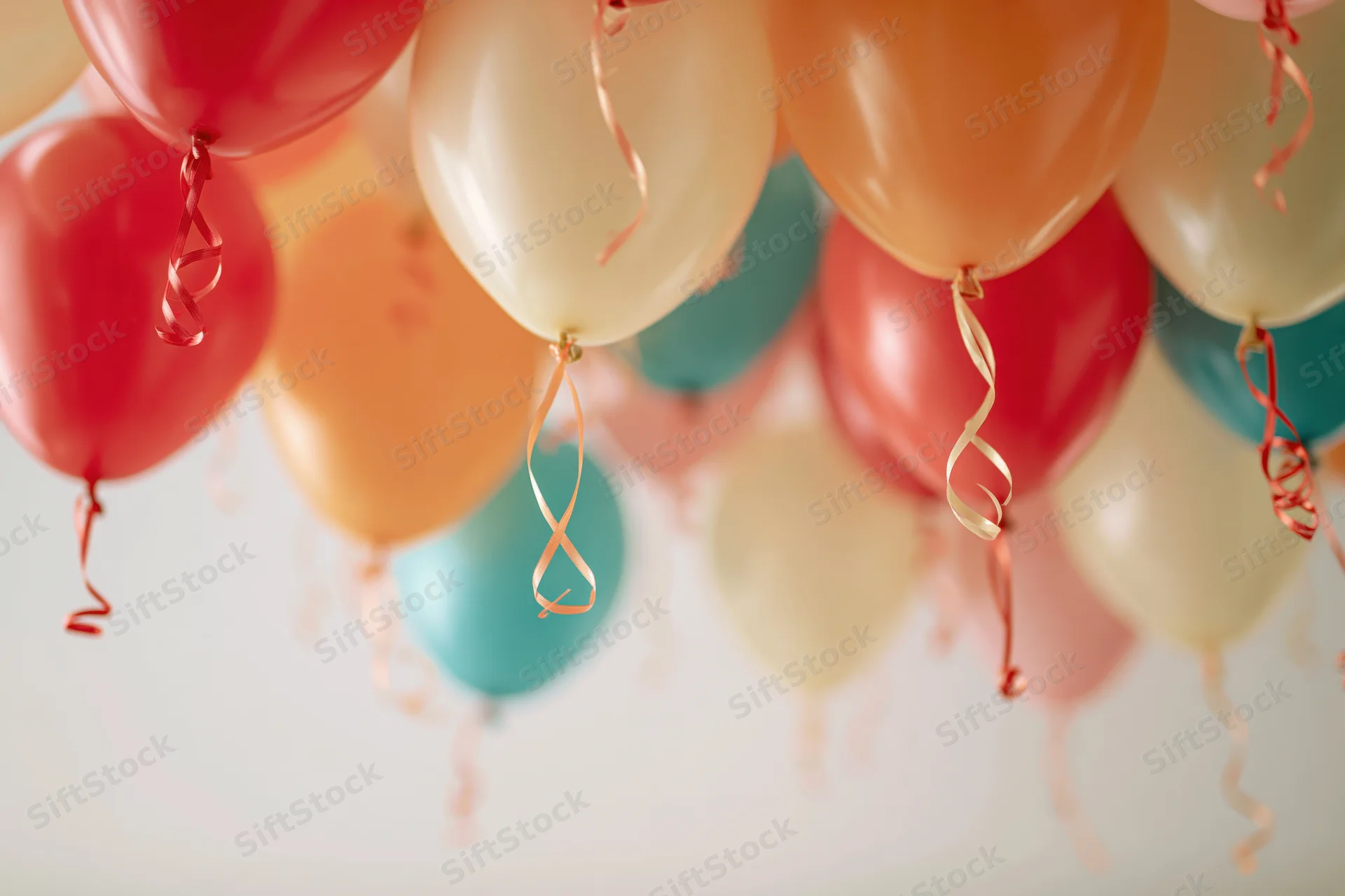 Cluster of colorful party balloons with curling ribbon streamers floating against a soft light background