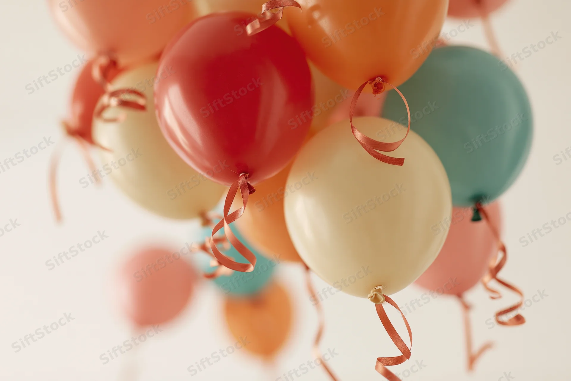 Cluster of colorful party balloons with curling ribbon streamers floating against a light background