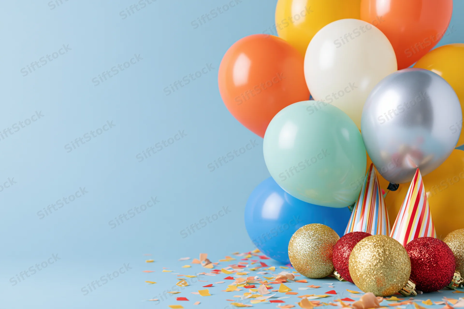 Cluster of colorful party balloons with confetti and ornaments on a blue background