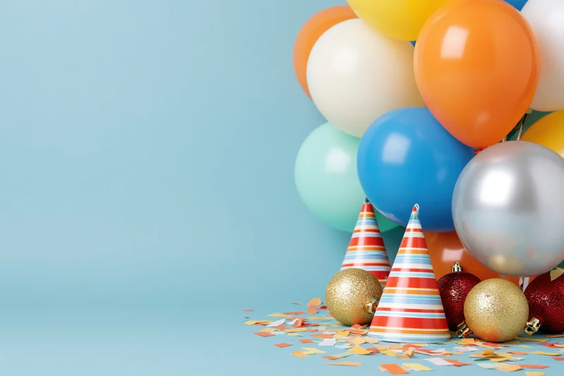 Colorful party balloons and decorations arranged on a blue surface with confetti and party hats