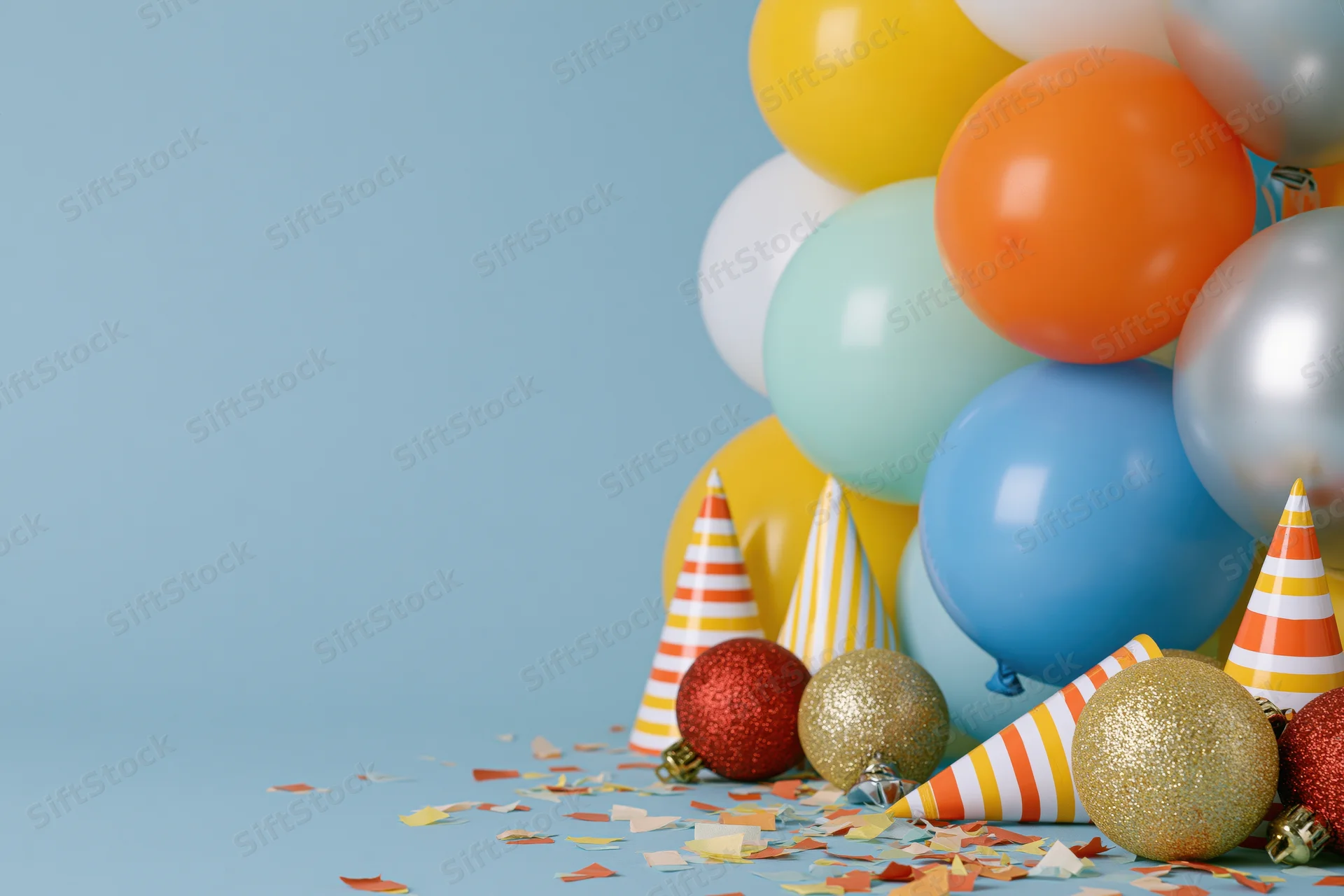 Cluster of colorful party balloons and decorations on blue surface