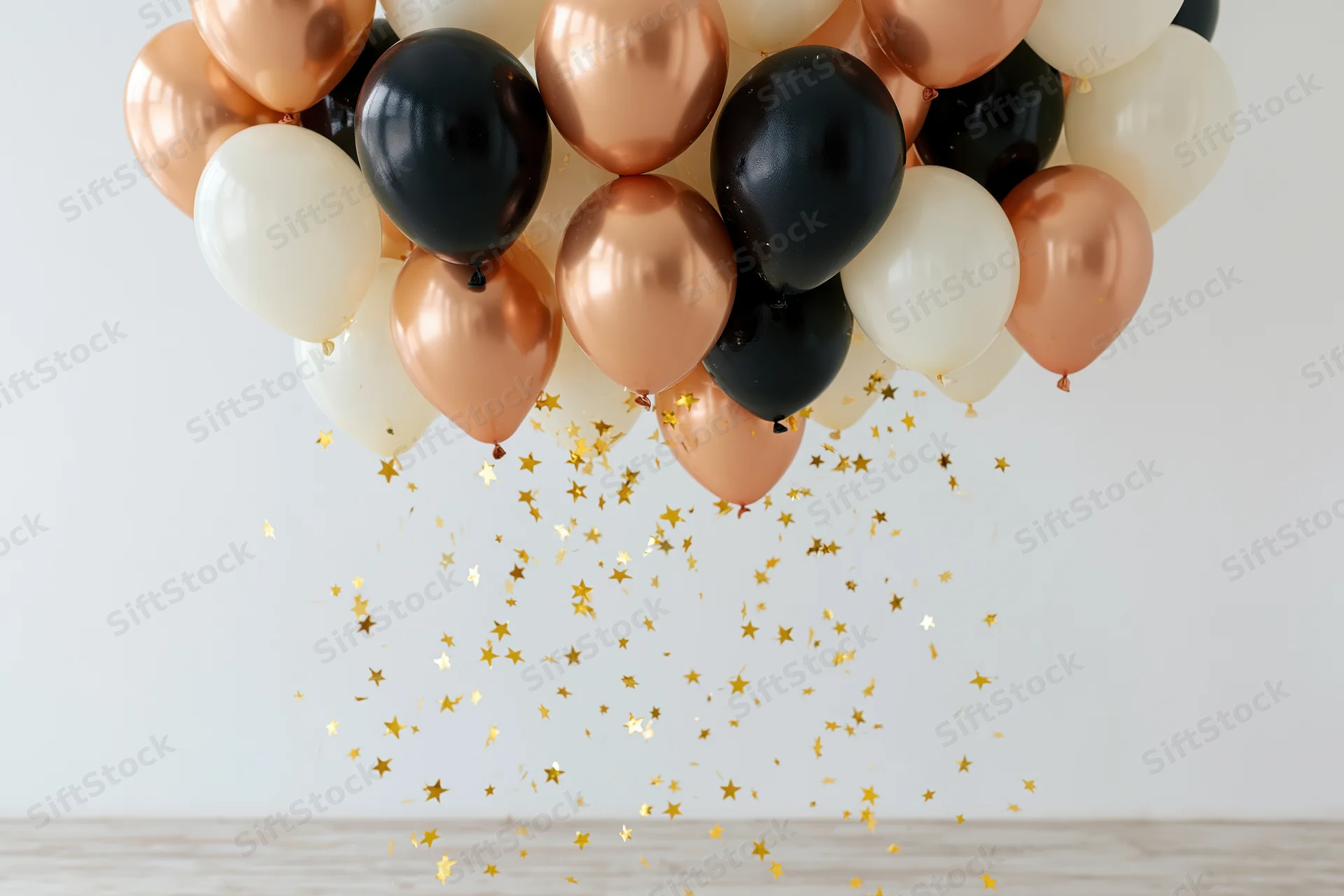 Cluster of copper black and white latex balloons floating above a wooden surface with falling gold star confetti