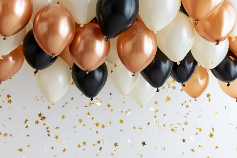 Cluster of copper black and white latex balloons floating with gold star confetti against white background