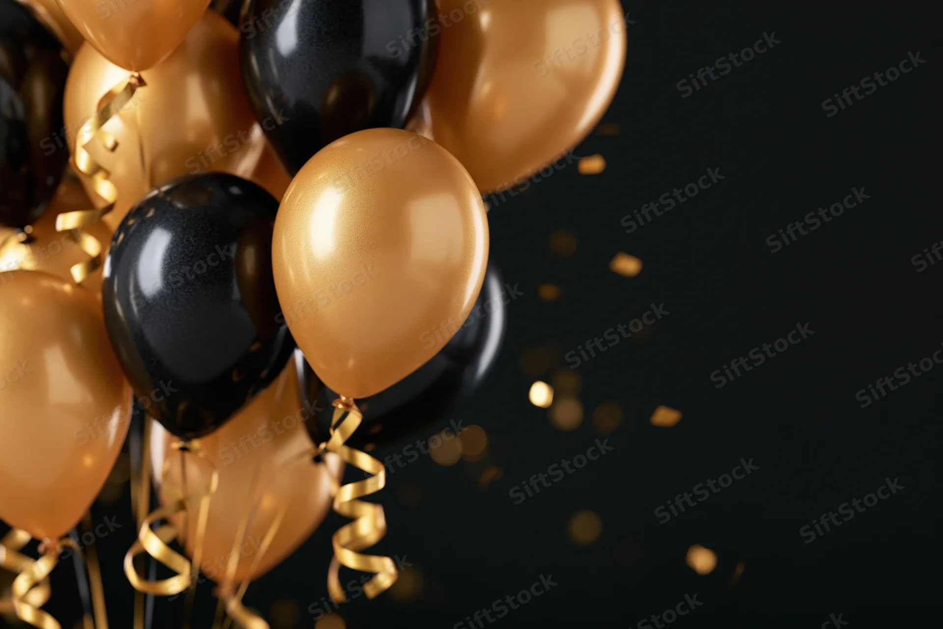 Cluster of gold and black metallic balloons with ribbons and confetti against dark background