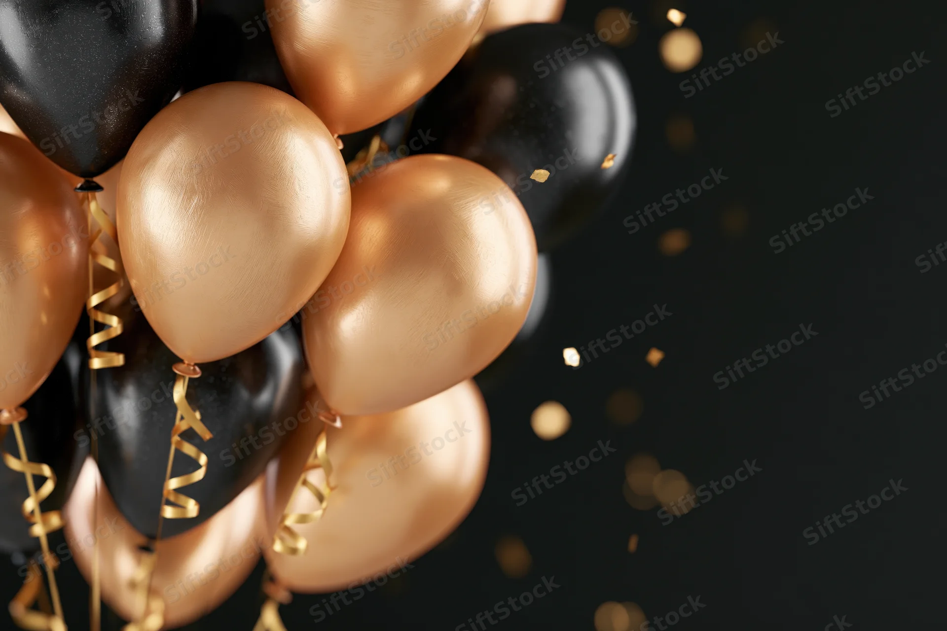 Cluster of gold and black metallic balloons with confetti against dark background