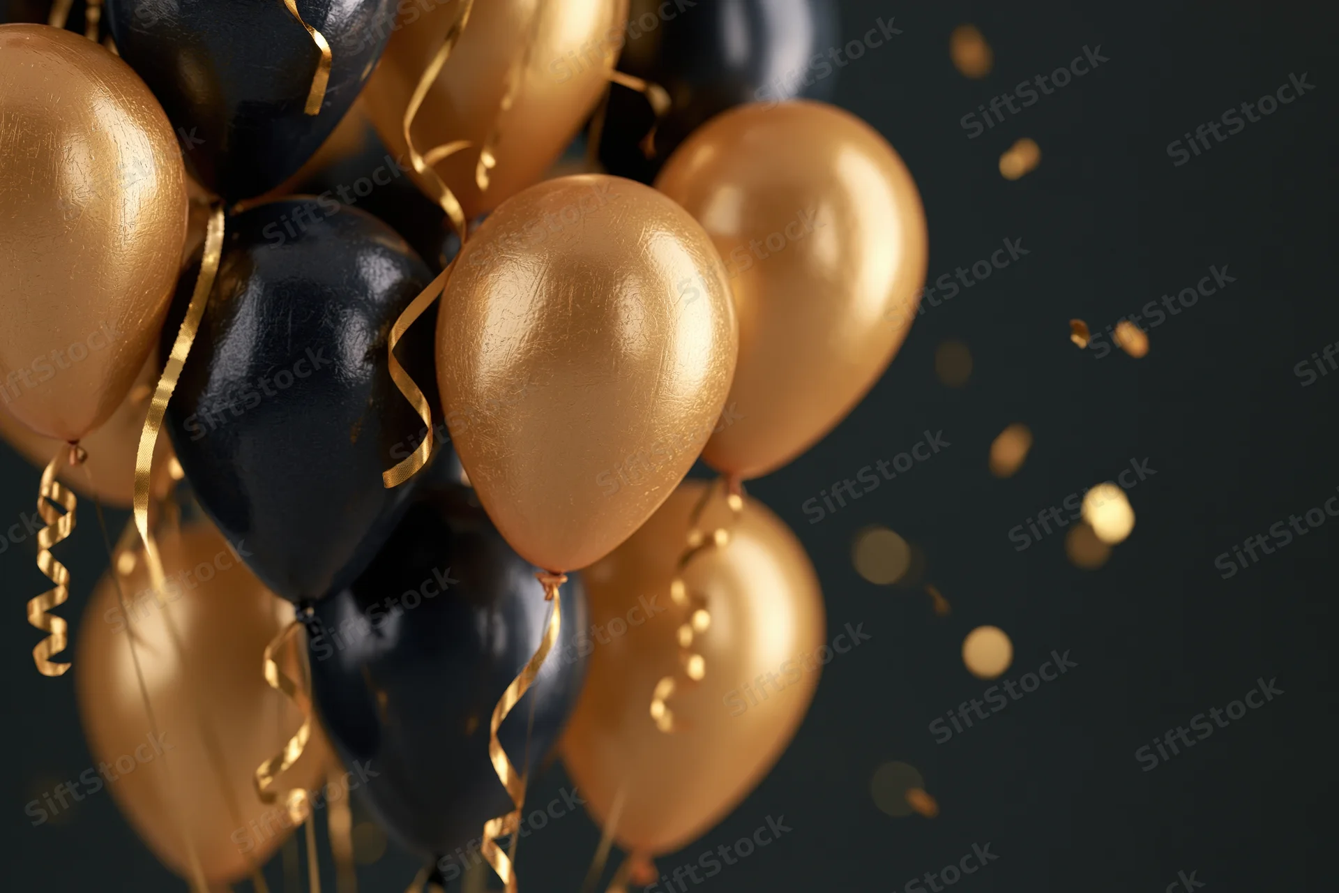 Cluster of gold and black metallic balloons with curling ribbons and floating confetti against dark background