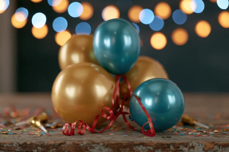 Metallic gold and teal balloons with red ribbons and confetti on a wooden surface against bokeh lights