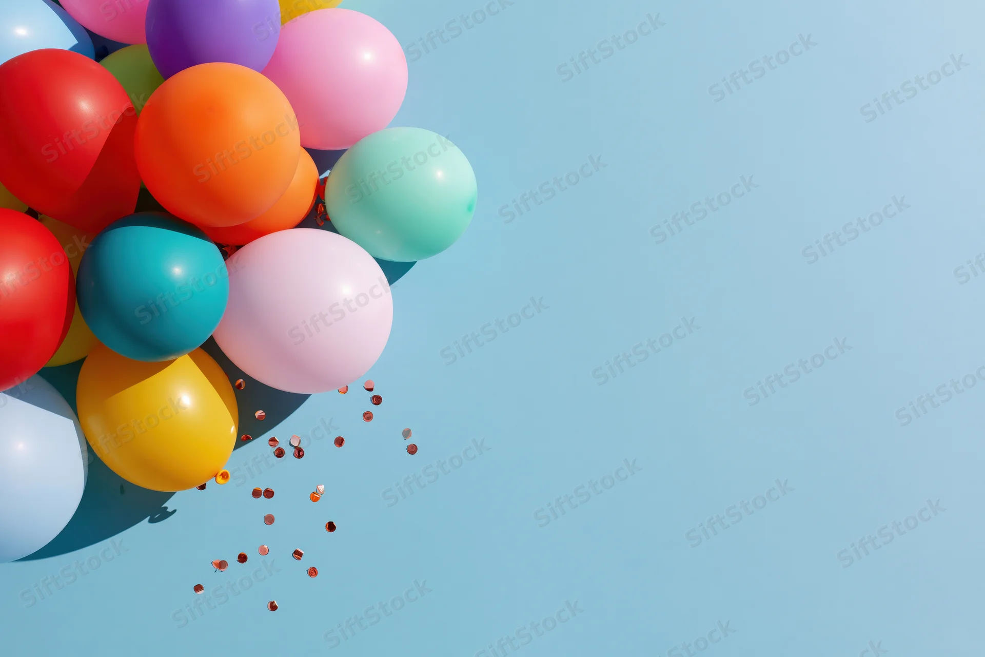 Cluster of multicolored latex balloons with confetti floating against a light blue background