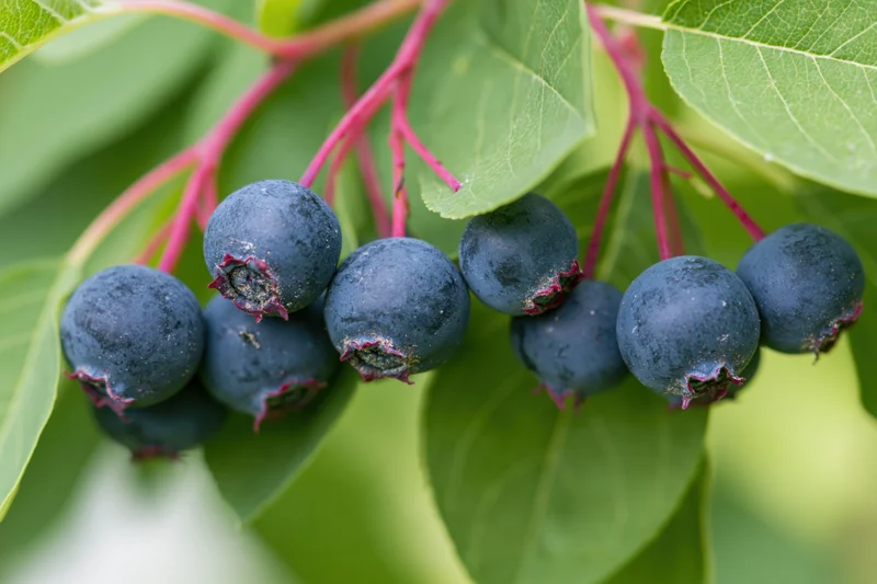 Ripe saskatoon berries clustered on a branch with green leaves and red stems in a garden setting