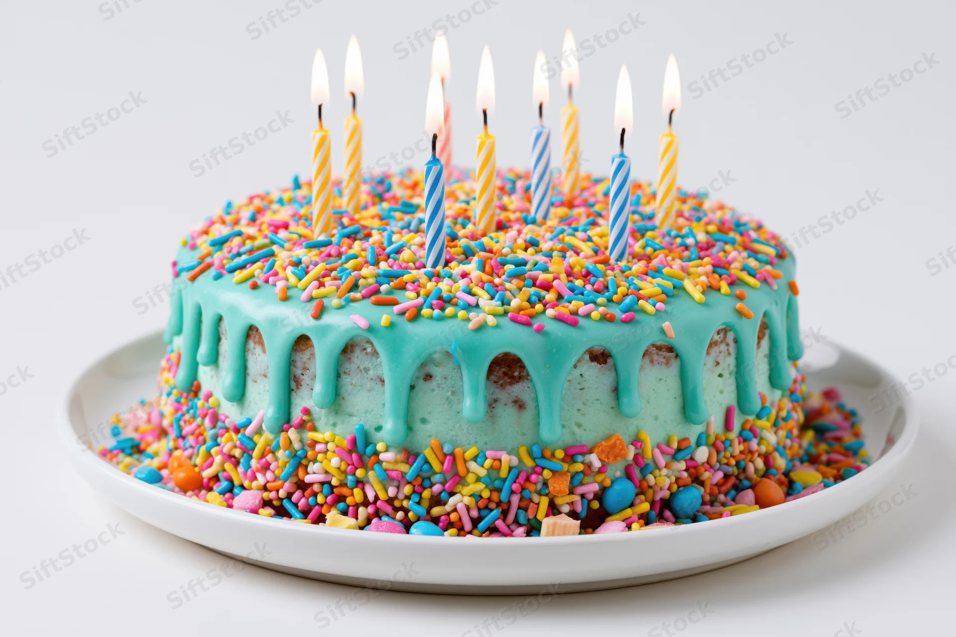 Colorful birthday cake with lit striped candles and sprinkles on a white plate