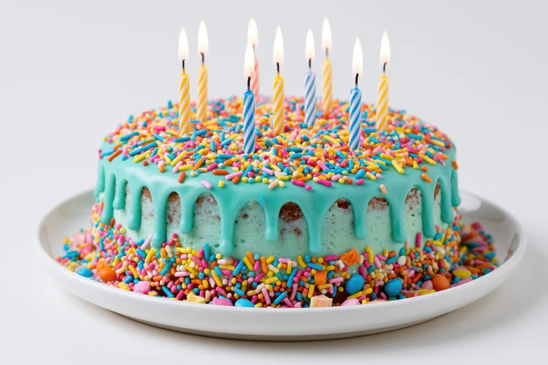 Colorful birthday cake with lit striped candles and sprinkles on a white plate