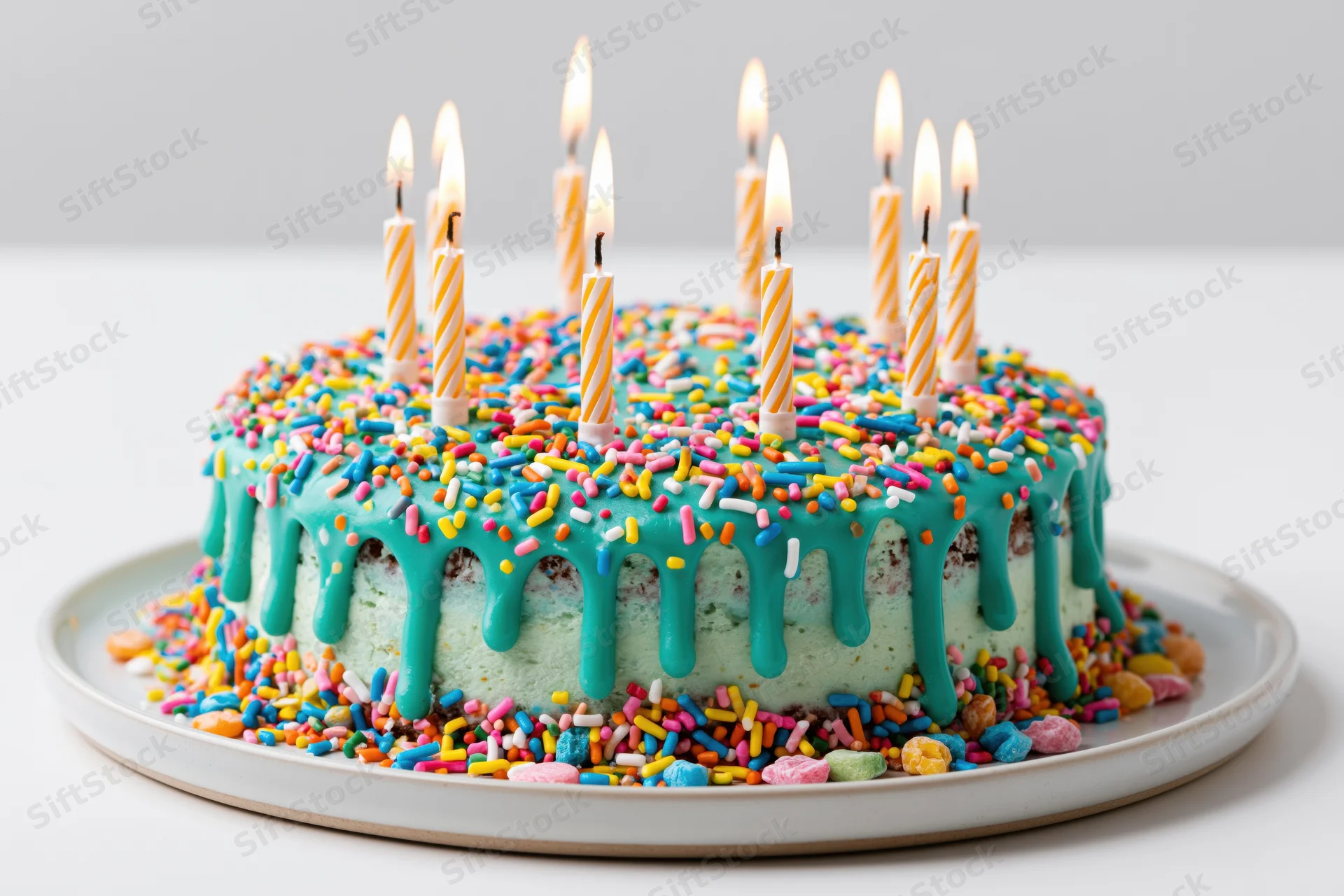 Colorful birthday cake with lit striped candles and sprinkles on a white plate