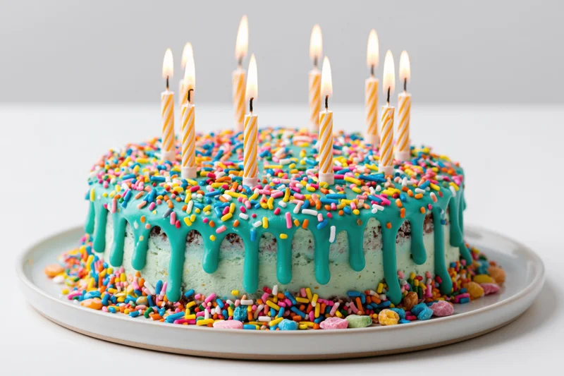 Colorful birthday cake with lit striped candles and sprinkles on a white plate