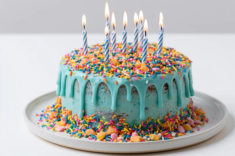Colorful birthday cake with lit striped candles and sprinkles on a white plate
