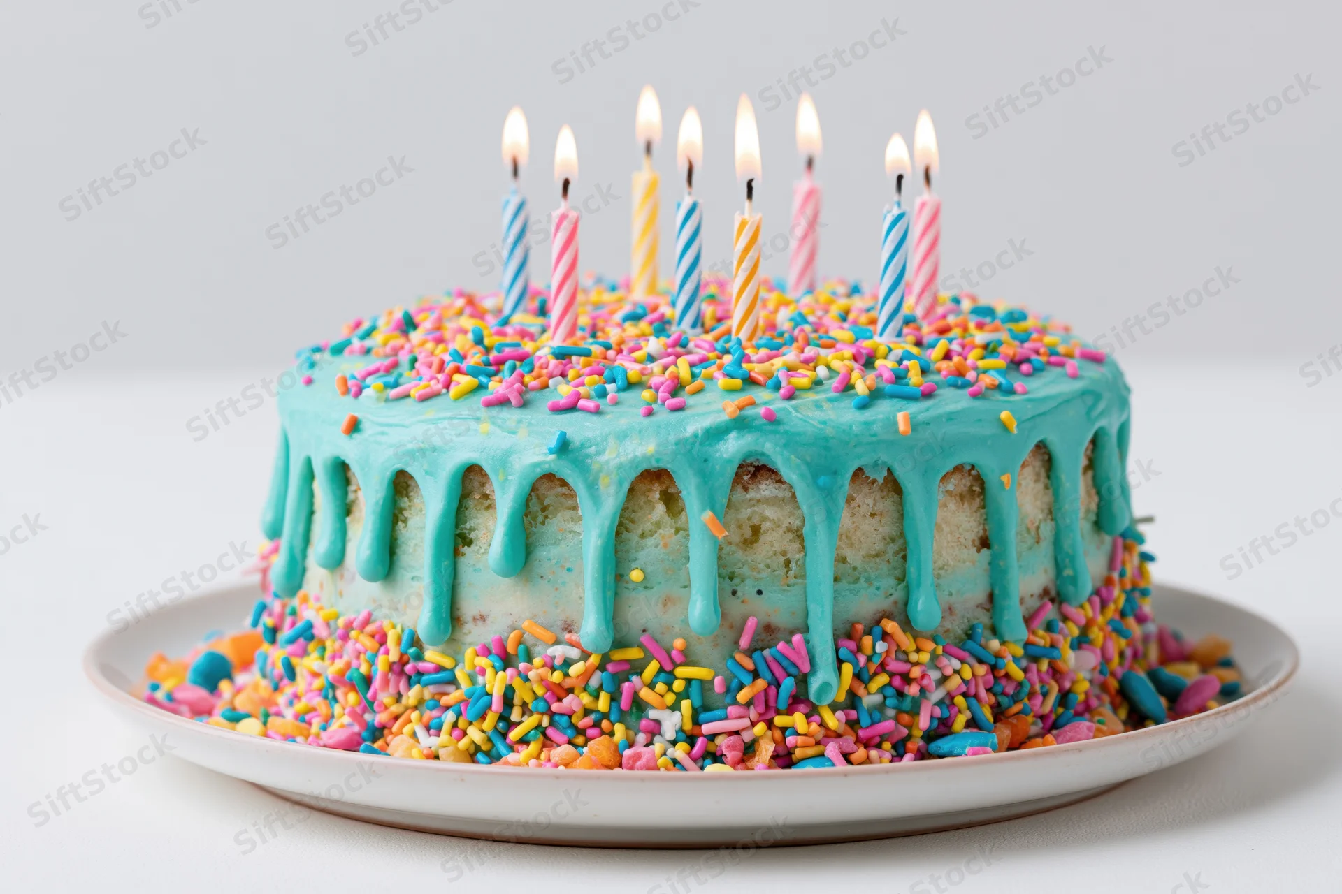 Colorful birthday cake with lit striped candles and sprinkles on a white plate